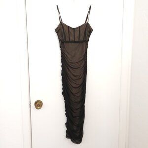 Windsor Black Sheer Mesh Overlay Ruched Bodycon Dress